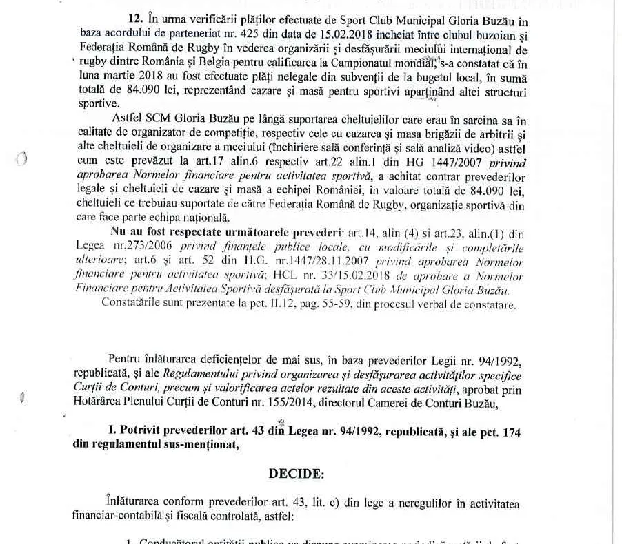 Oficialii Gloriei vor contesta raportul Curții de Conturi