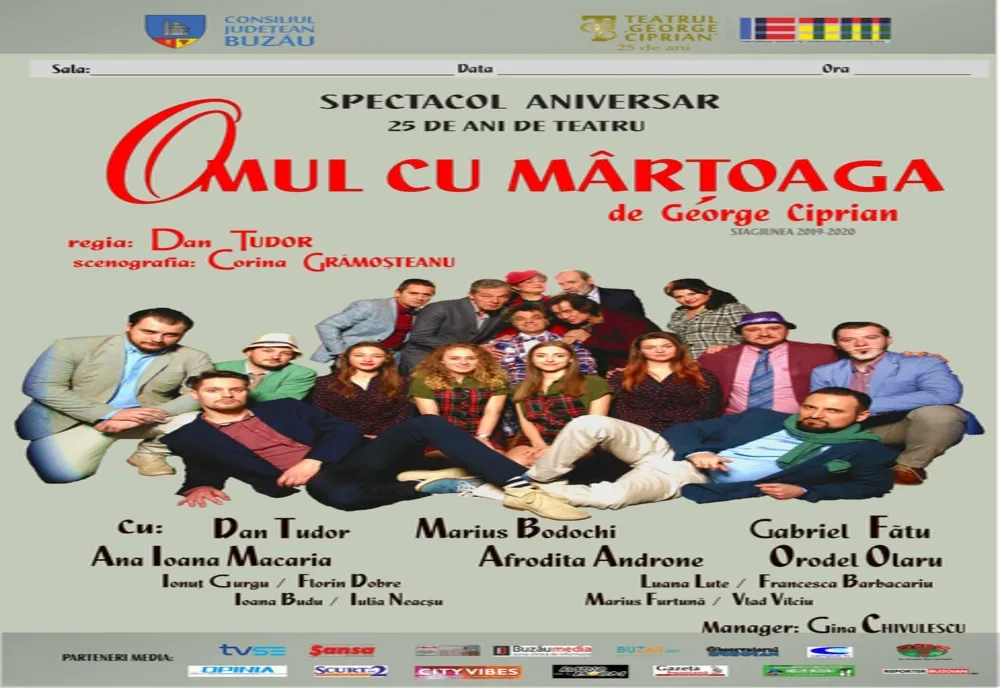 Premiera spectacolului de teatru „Omul cu mârțoaga” în regia lui Dan Tudor va avea loc sâmbătă 10 iulie, la Teatrul George Ciprian din Buzău, de la ora 18:00
