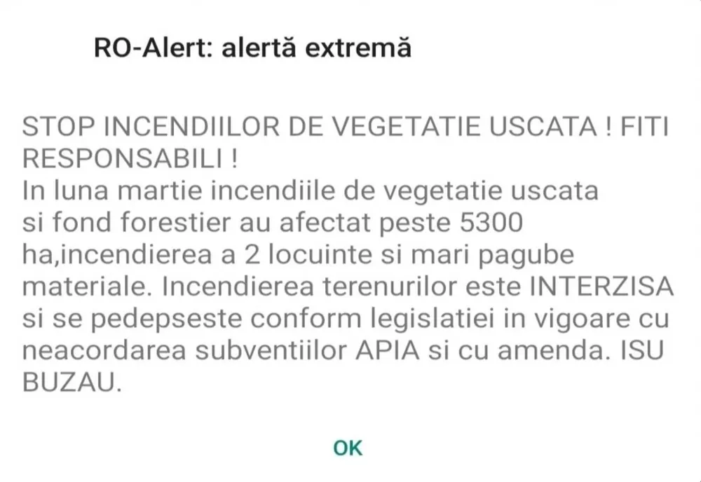 Mesaj RO-ALERT în judeţul Buzău din cauza incendiilor de vegetaţie