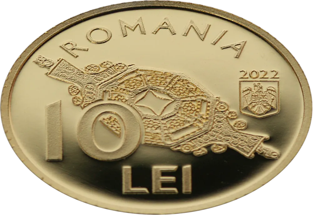 Monedă din aur cu tema Tezaurul de la Pietroasa – Vasele Poligonale