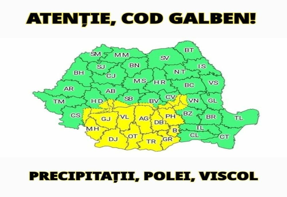 Atenție! Cod galben de precipitații, polei și viscol