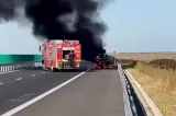 Mașină în flăcări pe Autostrada Moldovei. Traficul a fost blocat la kilometrul 81