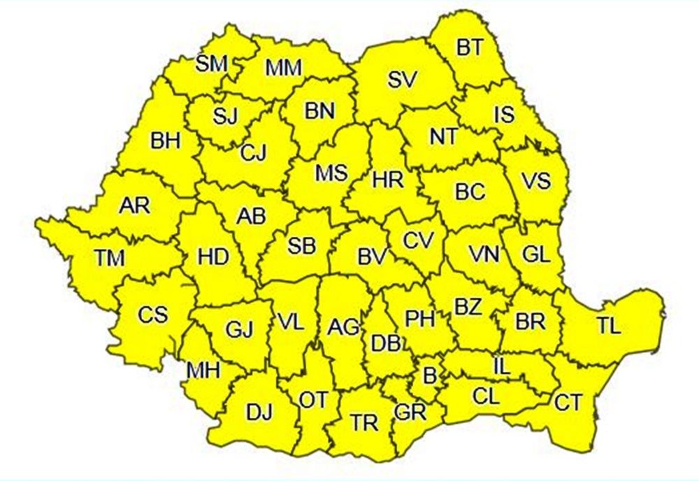 Cod galben de ploi torențiale, grindină și vijelii pentru toată țara