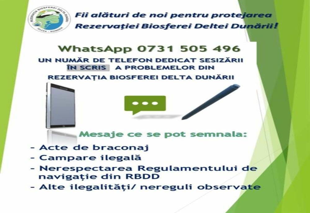 NUMĂR DE WHATSAPP PENTRU SEMNALAREA NEREGULILOR DIN DELTA DUNĂRII