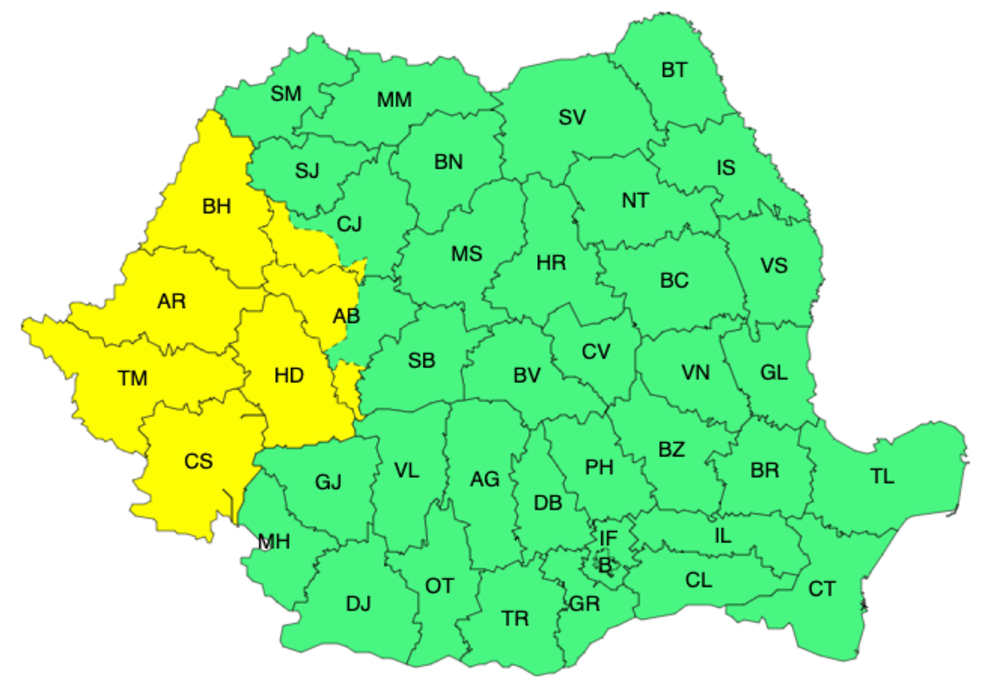 ANM: COD GALBEN DE INSTABILITATE ATMOSFERICĂ ÎN ȘAPTE JUDEȚE